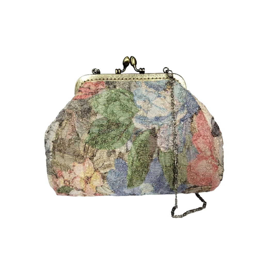 Marina A Green and Blue Hand Made Vintage Floral Clutch with Kiss-Lock Clasp